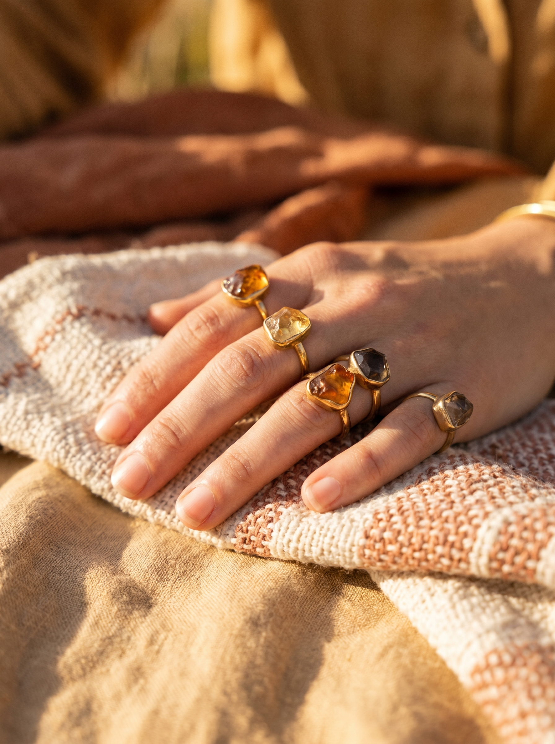 Gold gemstone rings on relaxed fingers in golden light