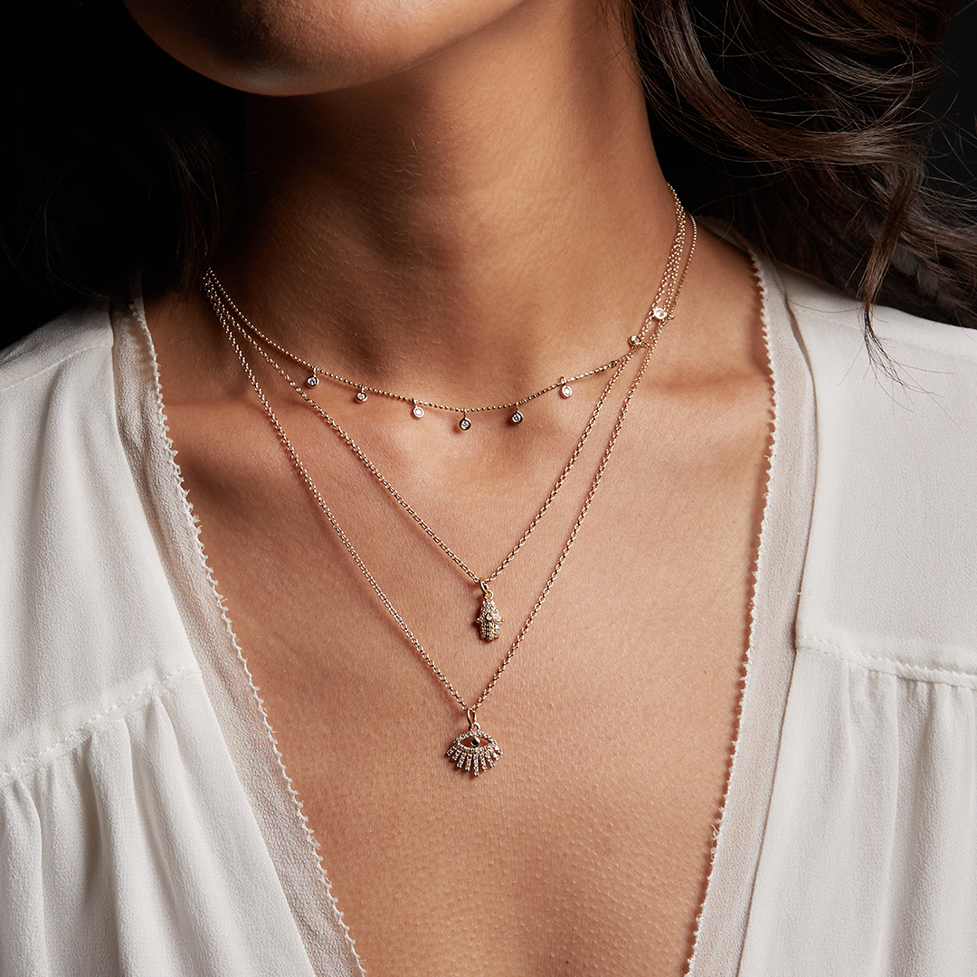 14kt Gold Hamsa Necklace with Diamonds - Many Blessings